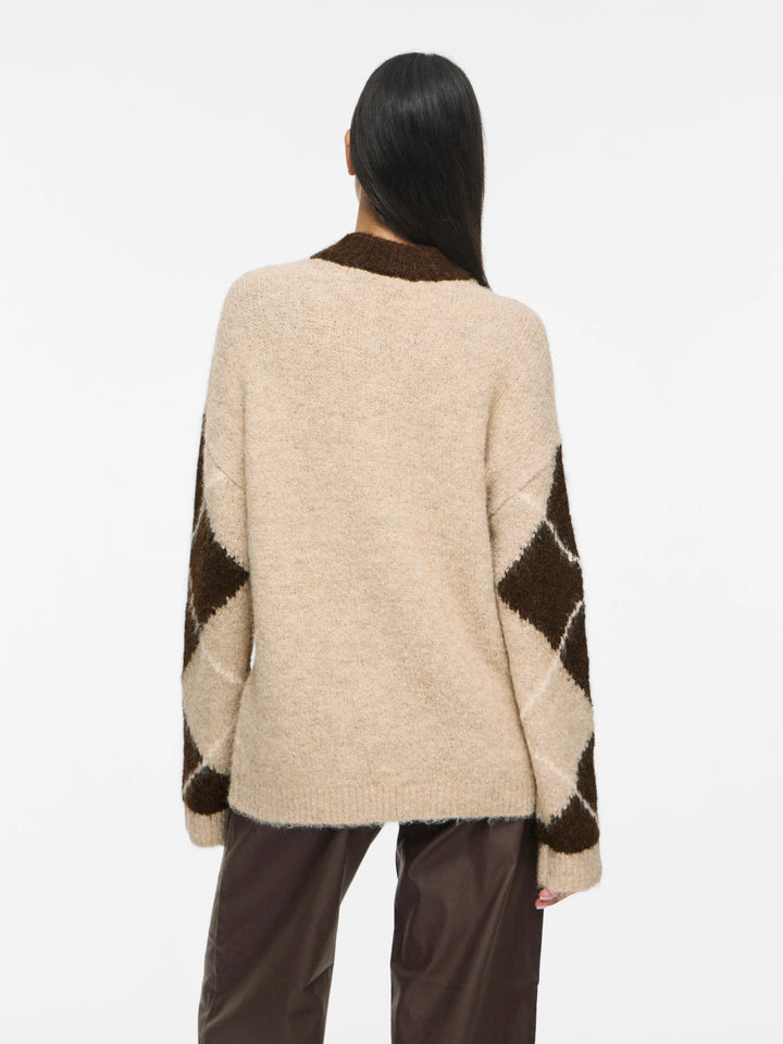 VI TORIA HIGH NECK L/S CHECK KNIT TOP