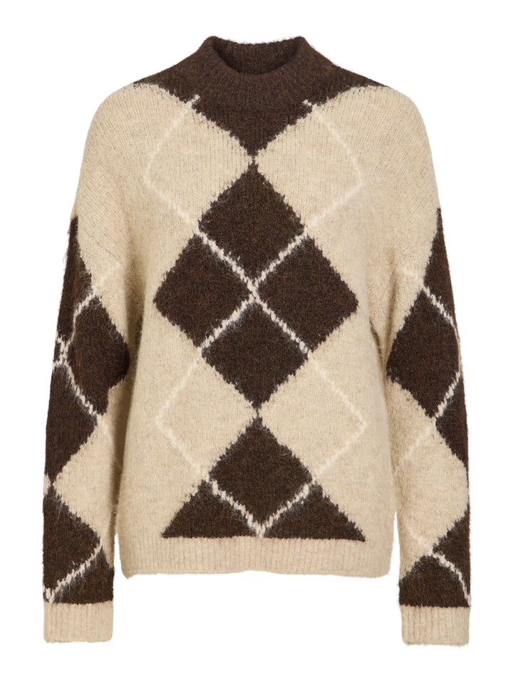 VI TORIA HIGH NECK L/S CHECK KNIT TOP