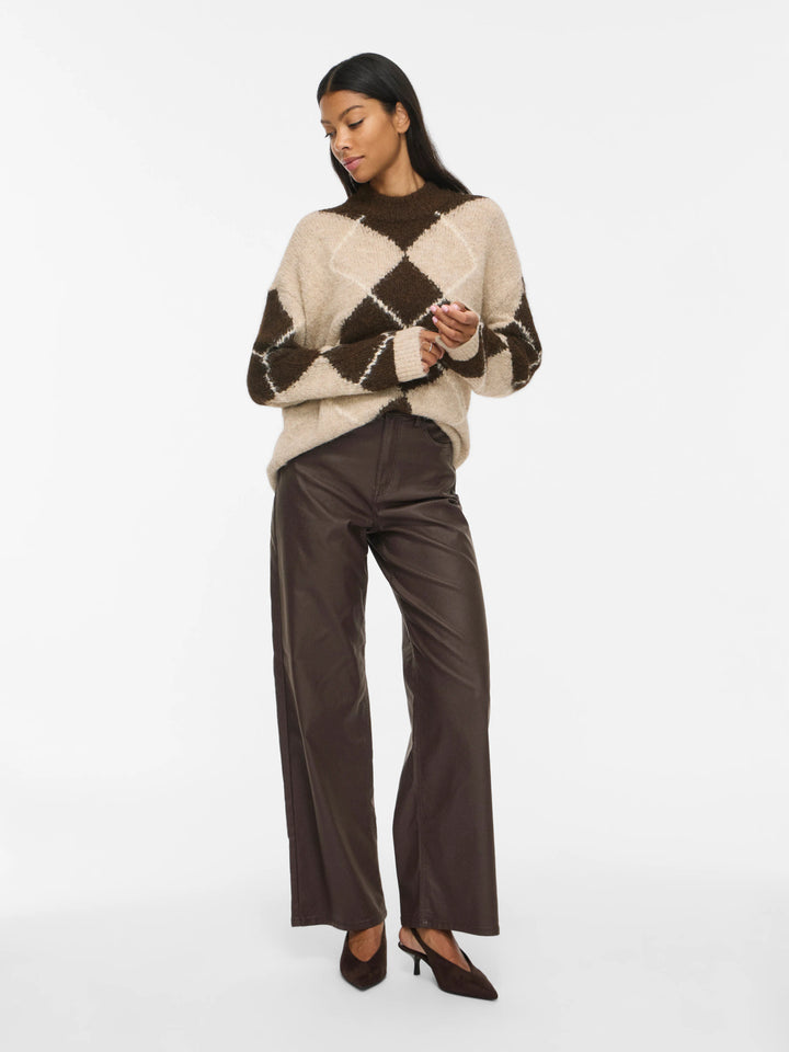 VI TORIA HIGH NECK L/S CHECK KNIT TOP