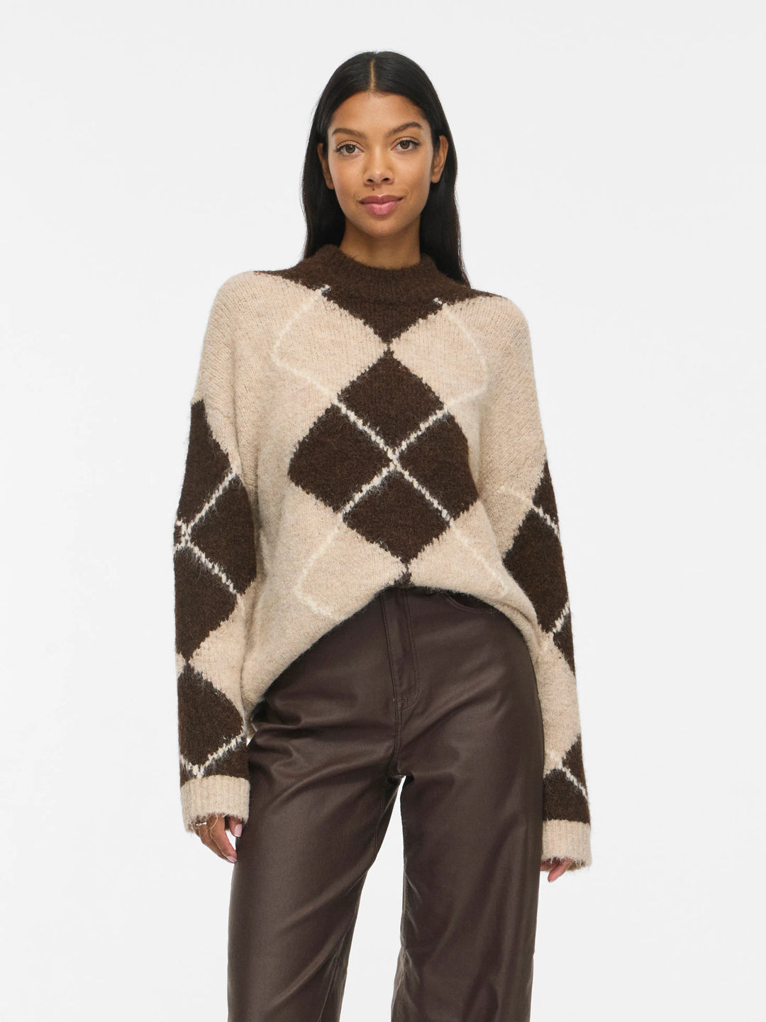 VI TORIA HIGH NECK L/S CHECK KNIT TOP